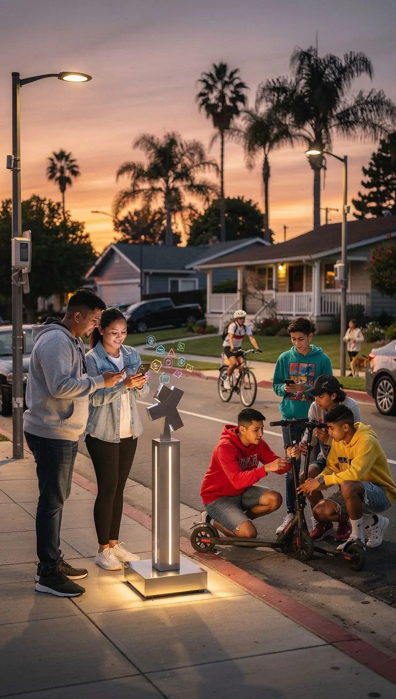 Urban planners discussing digital maps and data analytics to improve public spaces in residential districts.