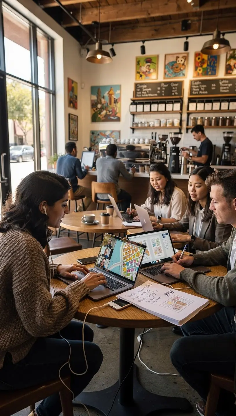 Residents interacting with an interactive kiosk providing information about neighborhood resources and events.