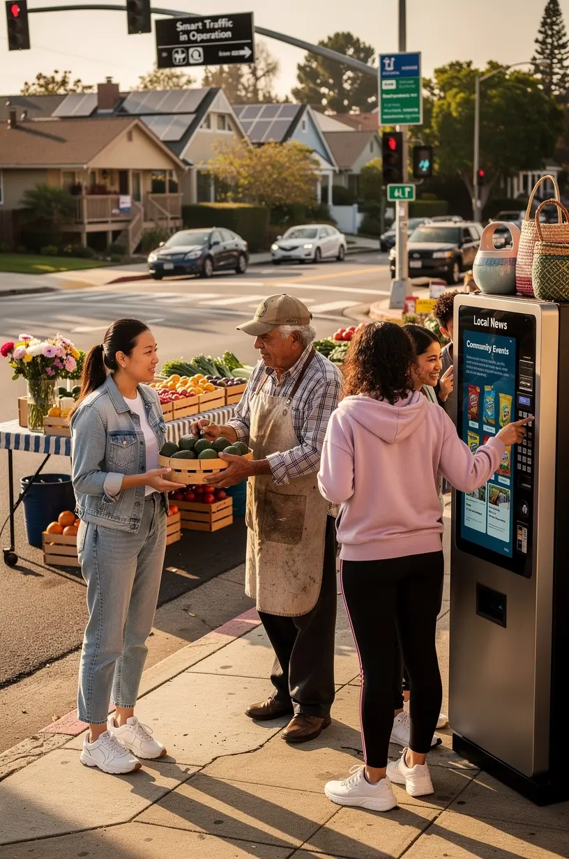 A rooftop garden with solar panels integrated into a city apartment building promoting sustainable living.